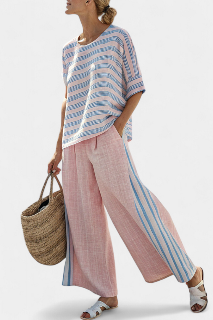 Virella | Blouse en Lin Élégante Rose-Bleue & Pantalons Doux