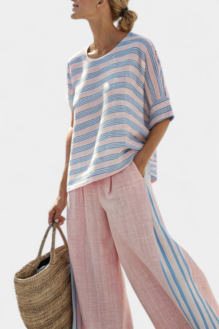 Virella | Blouse en Lin Élégante Rose-Bleue & Pantalons Doux