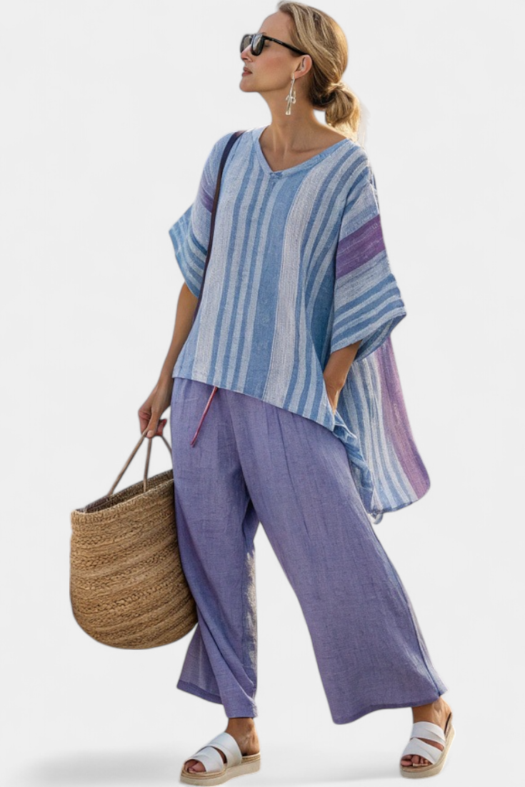 Zellora | Haut Élégant Lavande & Bleu Ciel et Pantalons en Lin