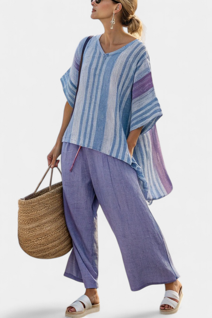 Zellora | Haut Élégant Lavande & Bleu Ciel et Pantalons en Lin
