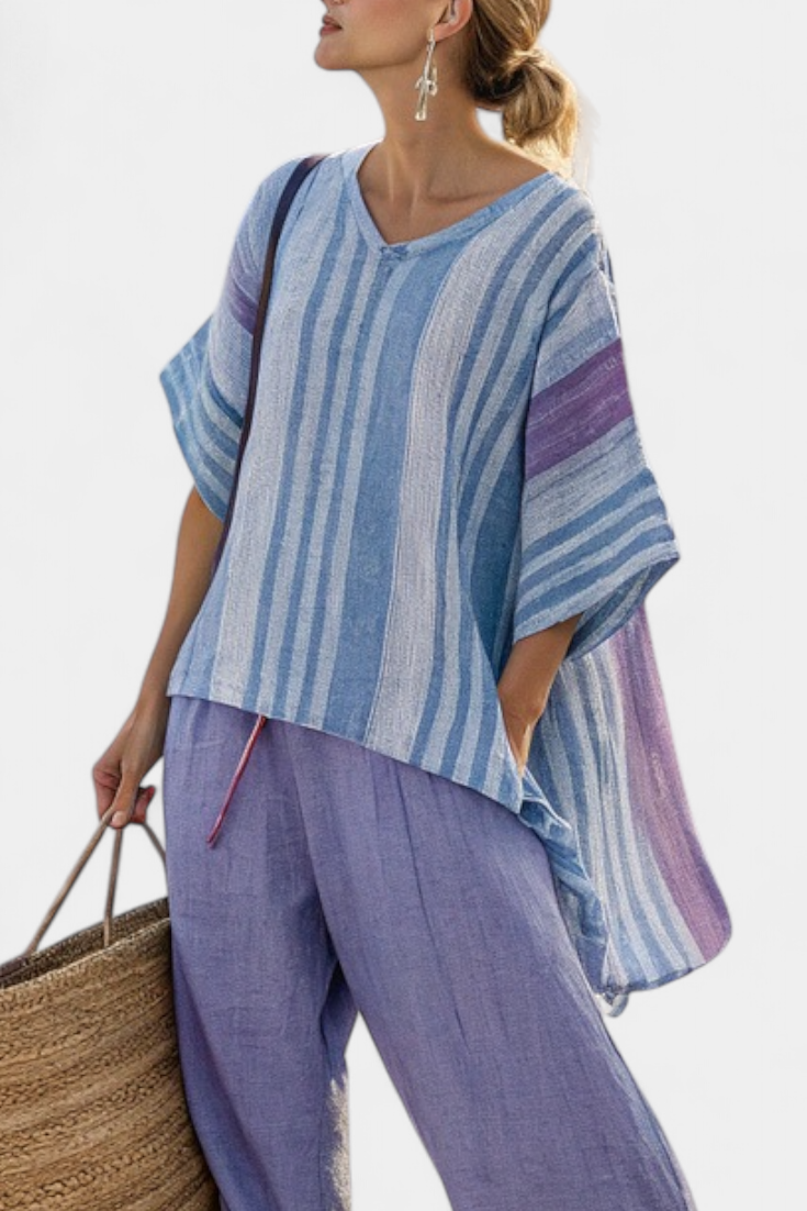 Zellora | Haut Élégant Lavande & Bleu Ciel et Pantalons en Lin