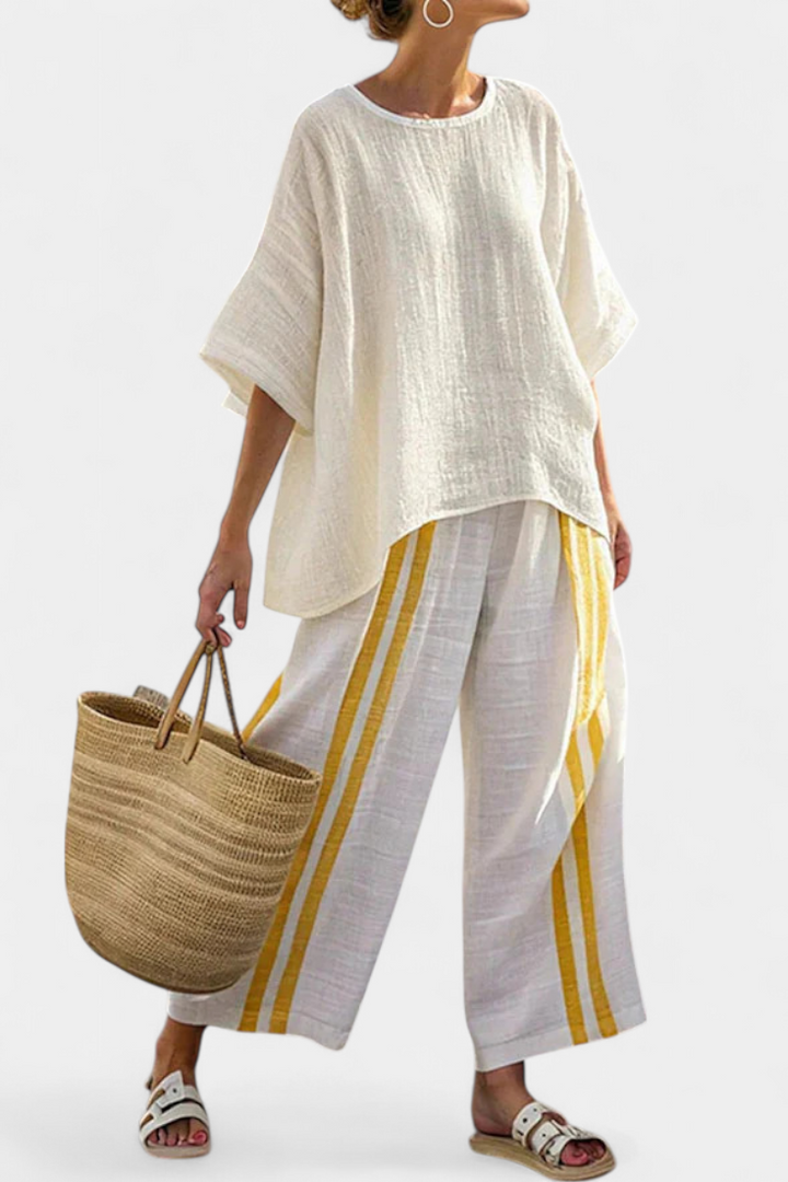 Anselor | Haut en Lin Rayé Jaune Élégant & Pantalons à Pattes d'Éléphant