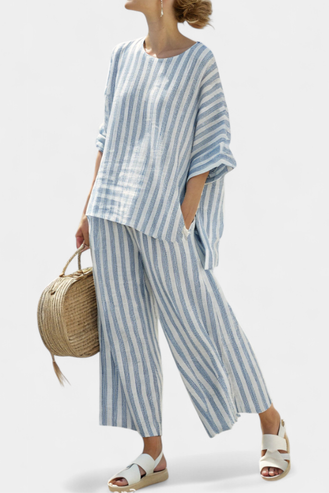 Rensleigh | Haut en lin rayé bleu sophistiqué et pantalons décontractés