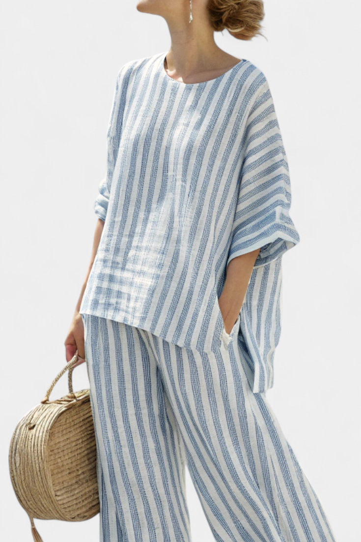 Rensleigh | Haut en lin rayé bleu sophistiqué et pantalons décontractés
