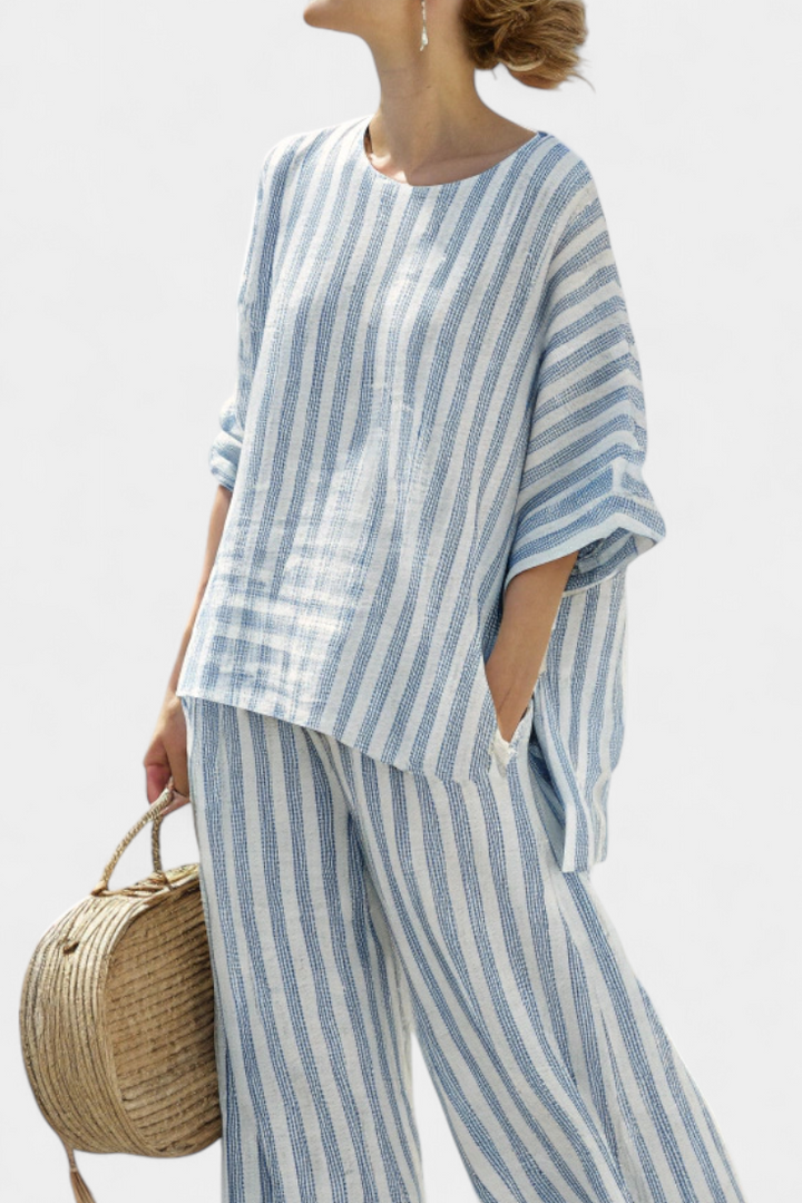 Rensleigh | Haut en lin rayé bleu sophistiqué et pantalons décontractés