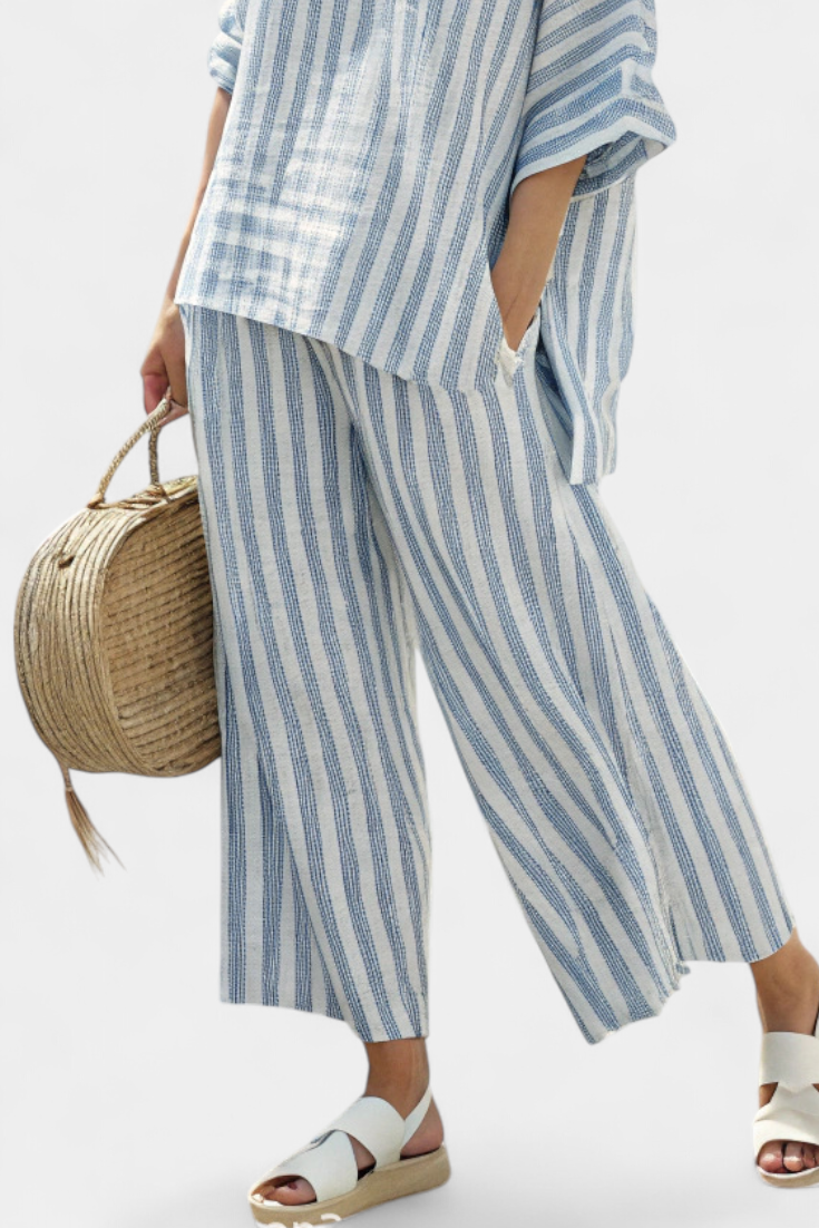 Rensleigh | Haut en lin rayé bleu sophistiqué et pantalons décontractés