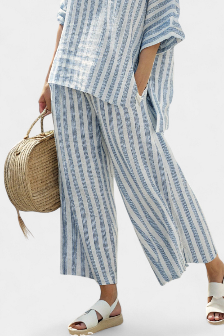 Rensleigh | Haut en lin rayé bleu sophistiqué et pantalons décontractés