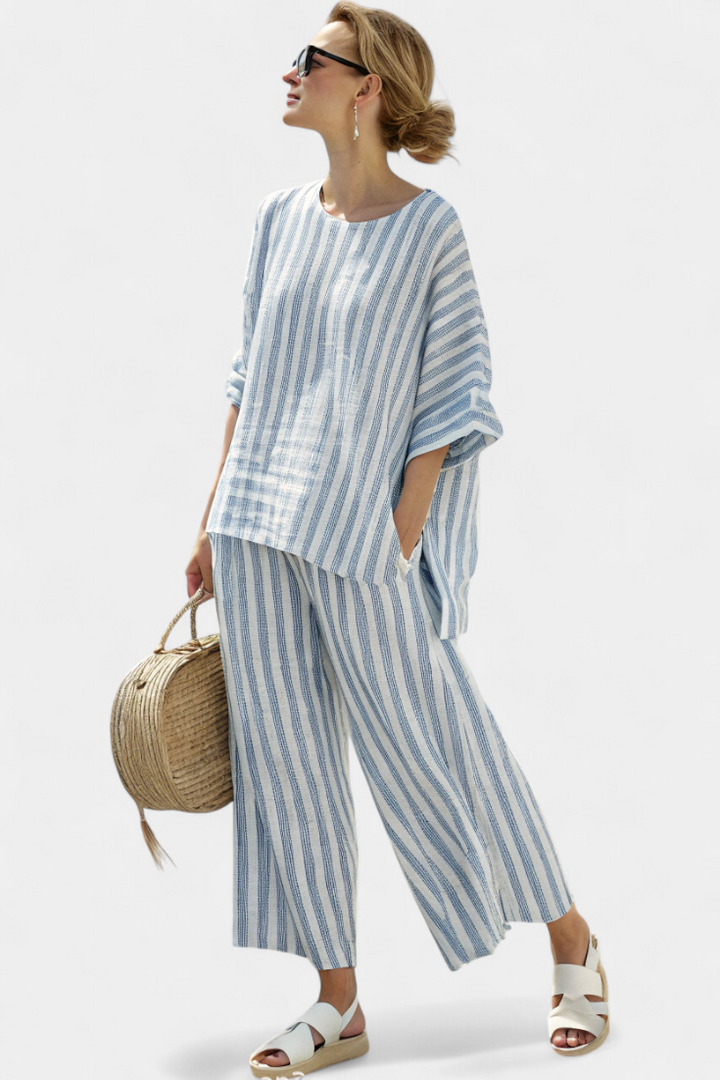 Rensleigh | Haut en lin rayé bleu sophistiqué et pantalons décontractés