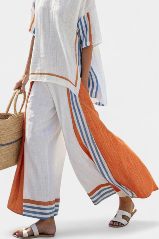 Thorneil | Pantalon à jambes larges rayé confortable & Haut en lin