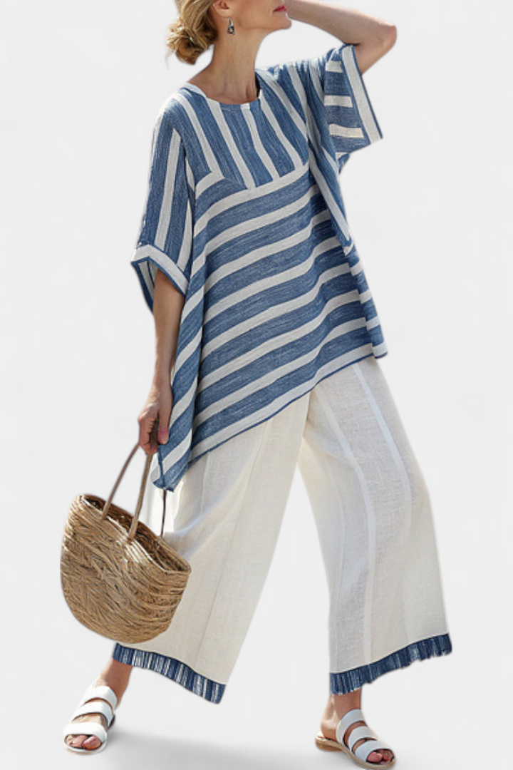 Corvielle | Haut Rayé Bleu Sophistiqué & Pantalon avec Détails de Ourlet