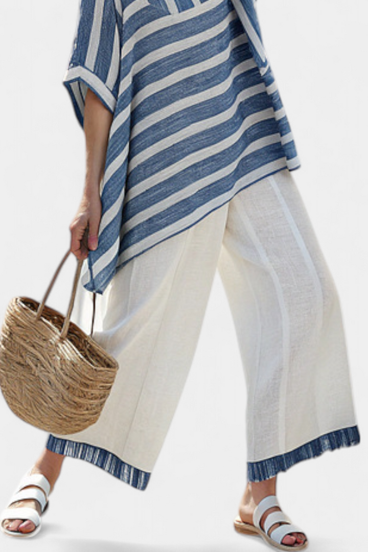Corvielle | Haut Rayé Bleu Sophistiqué & Pantalon avec Détails de Ourlet
