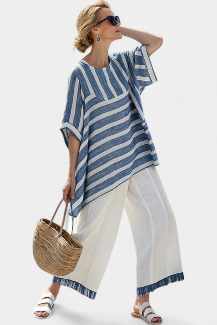 Corvielle | Haut Rayé Bleu Sophistiqué & Pantalon avec Détails de Ourlet