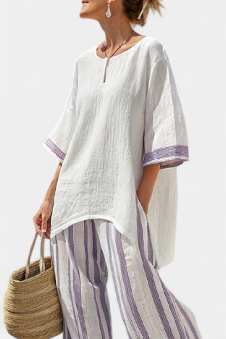 Luxmere | Blouse Relaxée Confortable & Pantalons en Bambou Rayés