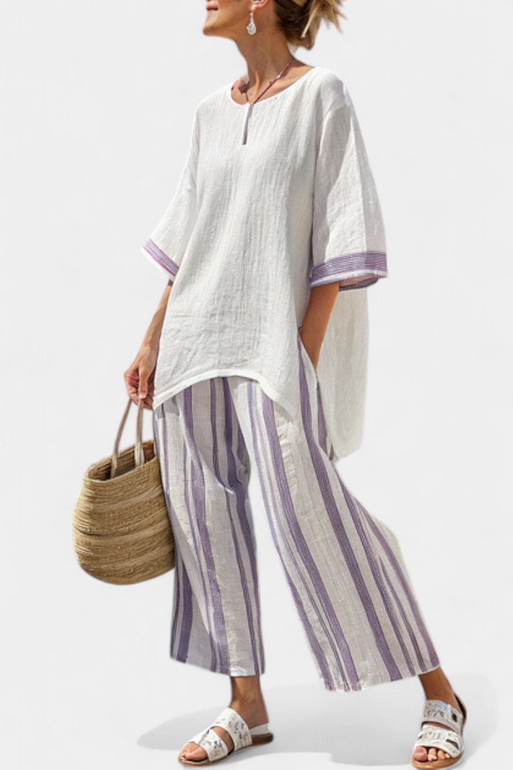 Luxmere | Blouse Relaxée Confortable & Pantalons en Bambou Rayés