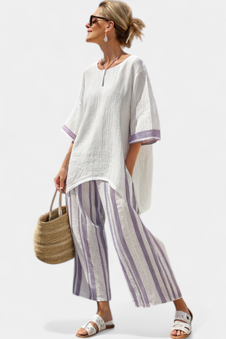Luxmere | Blouse Relaxée Confortable & Pantalons en Bambou Rayés