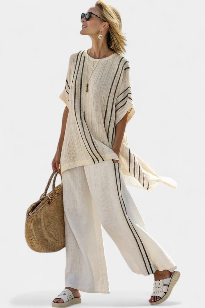 Greysen | Blouse en lin ivoire élégante et pantalons à rayures noires