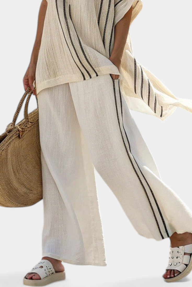 Greysen | Blouse en lin ivoire élégante et pantalons à rayures noires