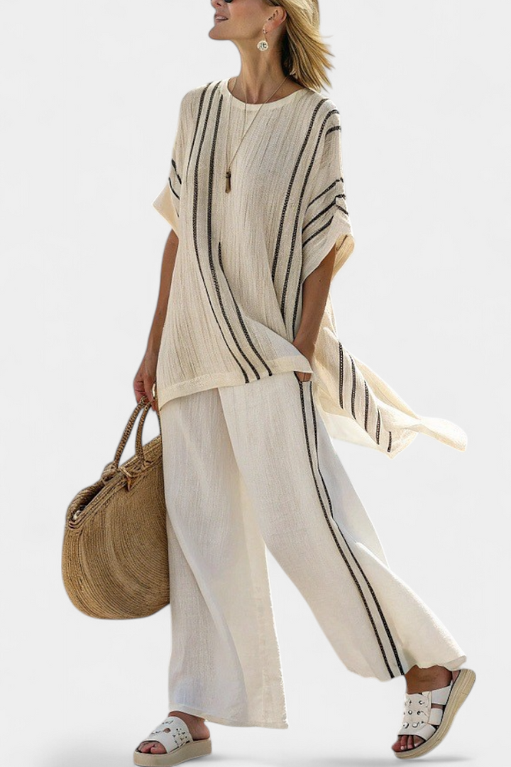 Greysen | Blouse en lin ivoire élégante et pantalons à rayures noires