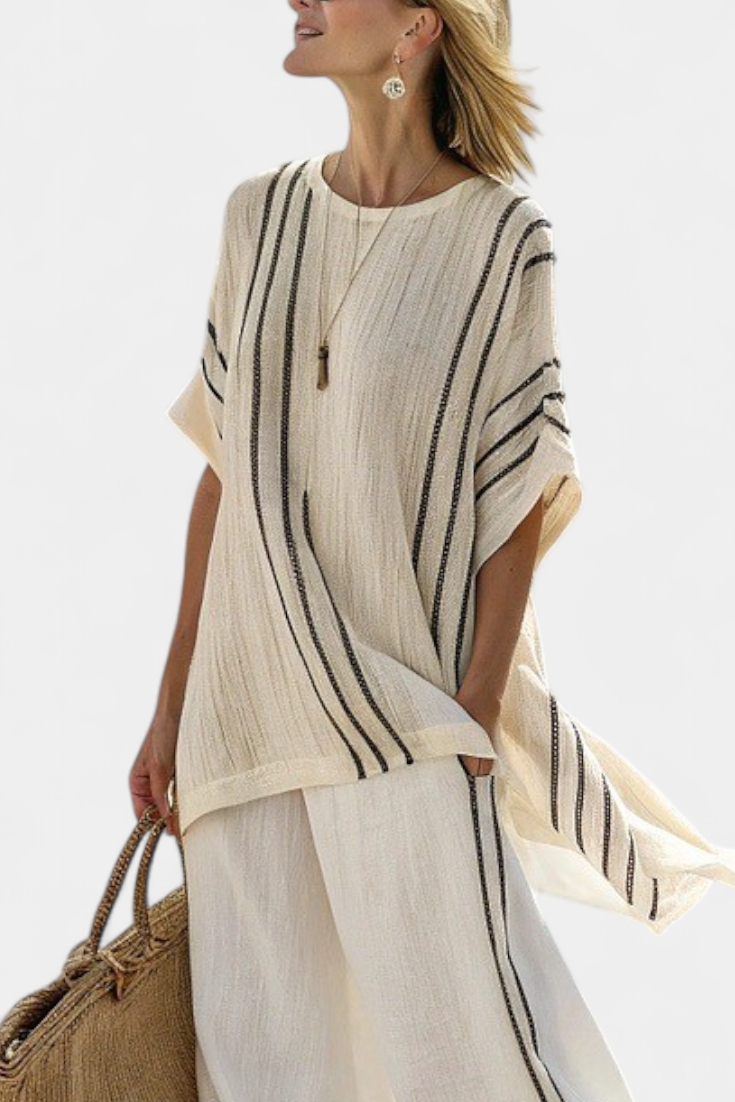 Greysen | Blouse en lin ivoire élégante et pantalons à rayures noires