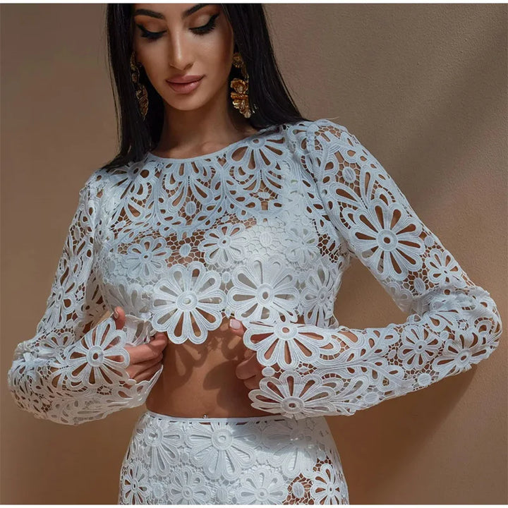 Elara · Ensemble en Crochet Fleuri avec Jupe Longue