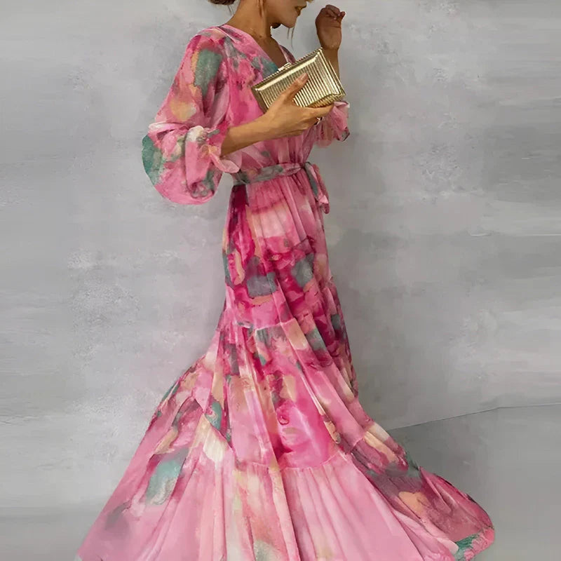LUCIA | Robe d'été longue avec motif floral et silhouette ajustable