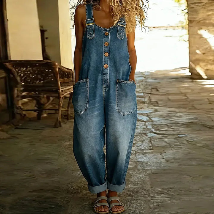 Carmen - Salopette vintage en denim doux avec bretelles réglables