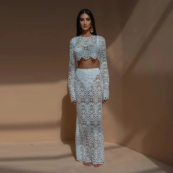 Elara · Ensemble en Crochet Fleuri avec Jupe Longue