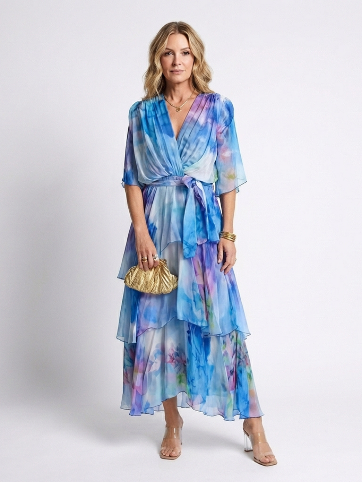 Calista | Robe maxi à décolleté en V, taille nouée et superposée
