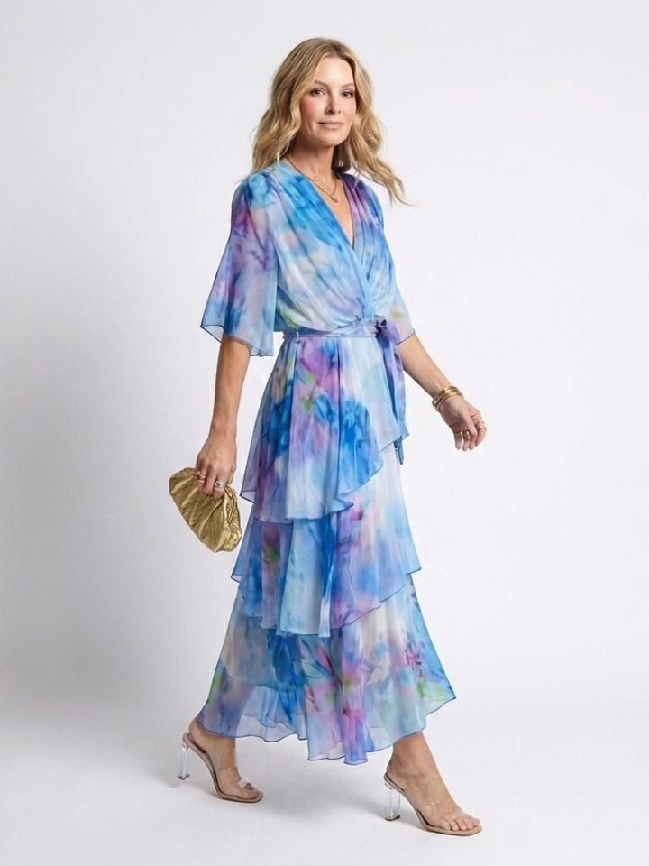 Calista | Robe maxi à décolleté en V, taille nouée et superposée