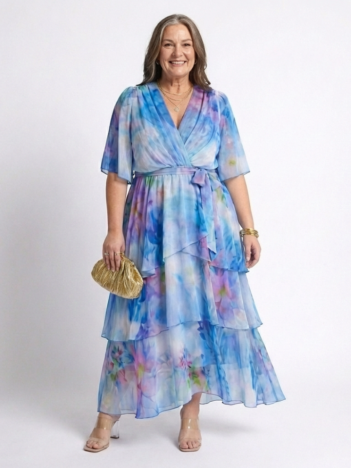 Calista | Robe maxi à décolleté en V, taille nouée et superposée