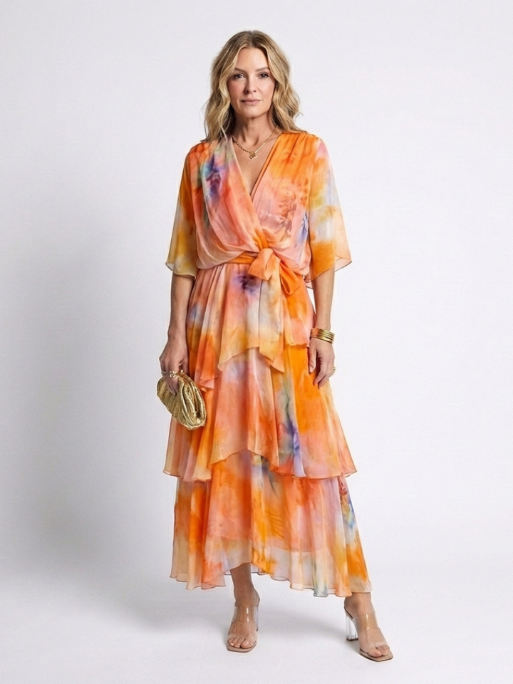 Calista | Robe maxi à décolleté en V, taille nouée et superposée