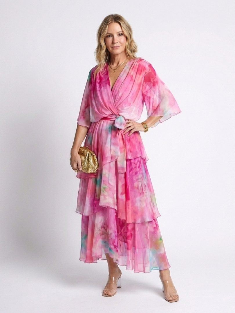 Calista | Robe maxi à décolleté en V, taille nouée et superposée