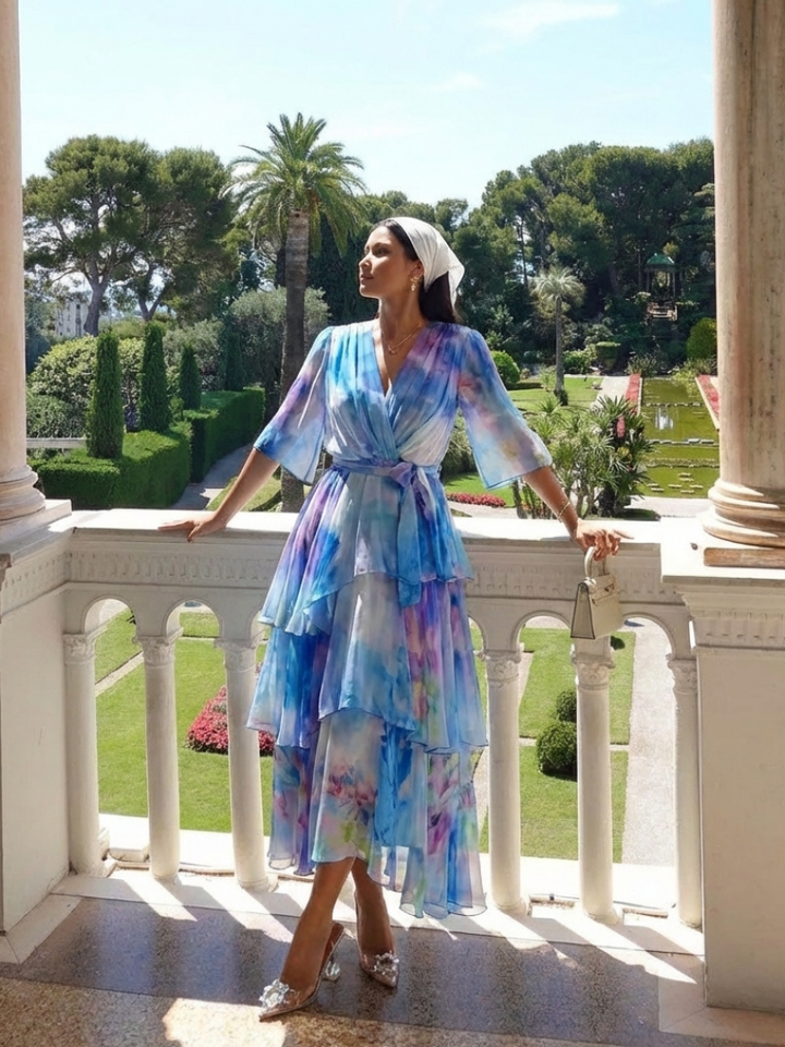 Calista | Robe maxi à décolleté en V, taille nouée et superposée