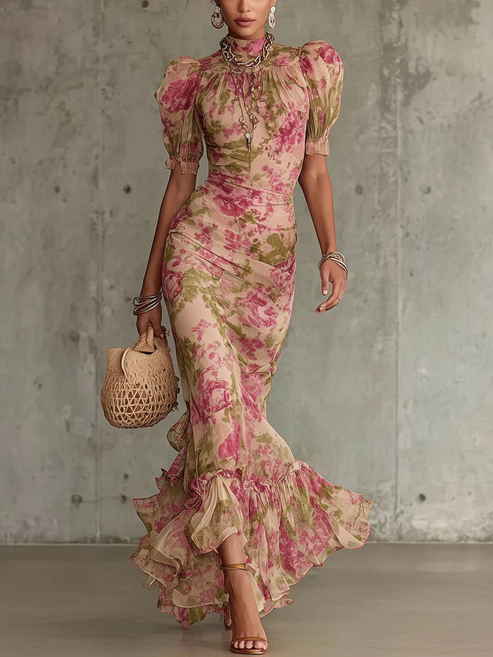Fiora - Robe longue avec imprimé vintage de roses et manches bouffantes