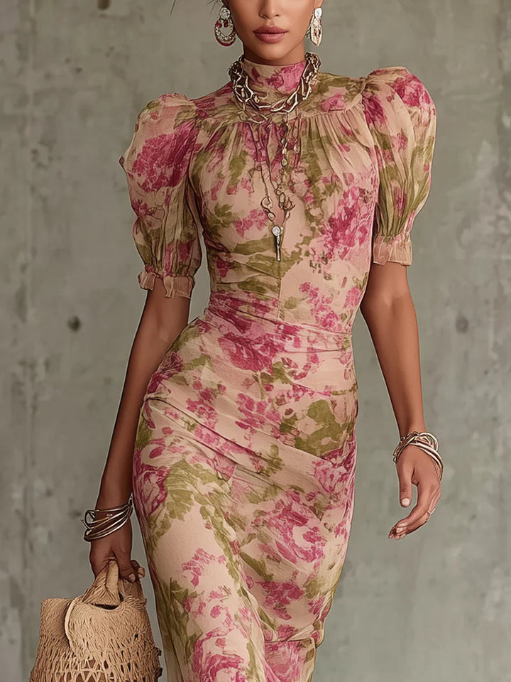 Fiora - Robe longue avec imprimé vintage de roses et manches bouffantes