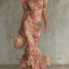 Fiora - Robe longue avec imprimé vintage de roses et manches bouffantes