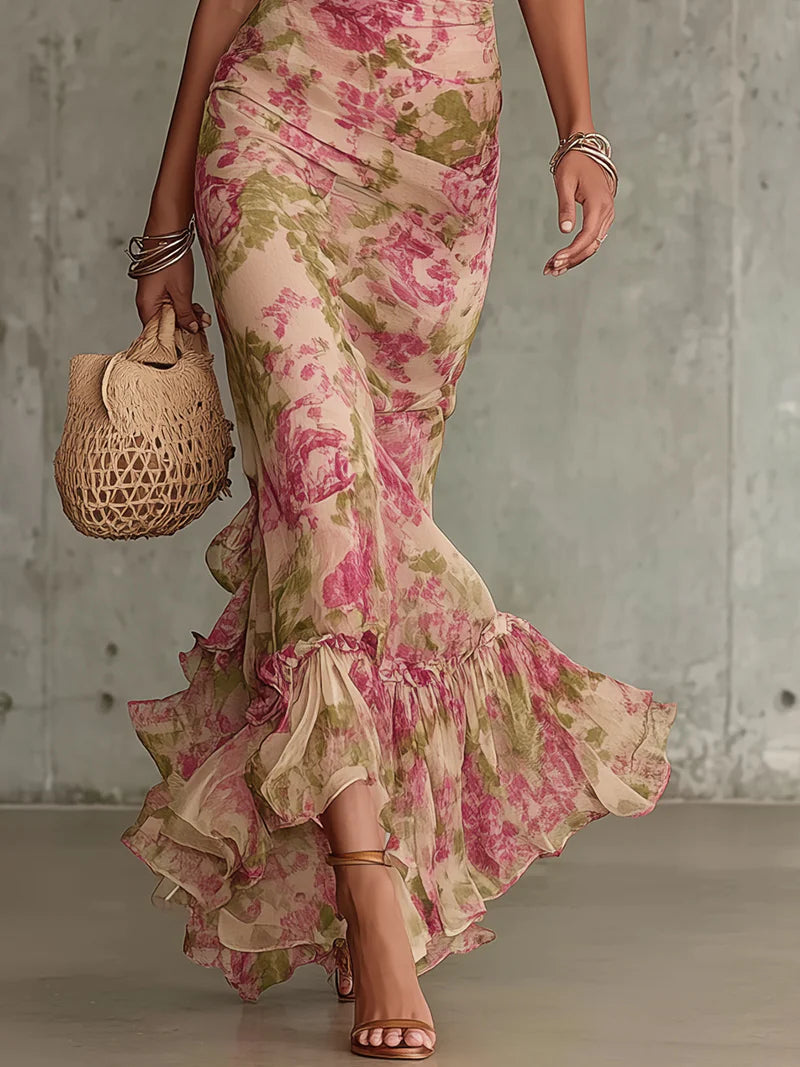 Fiora - Robe longue avec imprimé vintage de roses et manches bouffantes