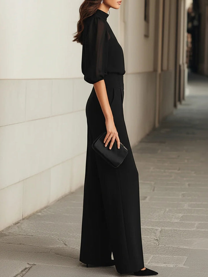 Valentina™ | Ensemble de trois pièces noires, composé d'un haut en dentelle transparente et de pantalons à jambes larges