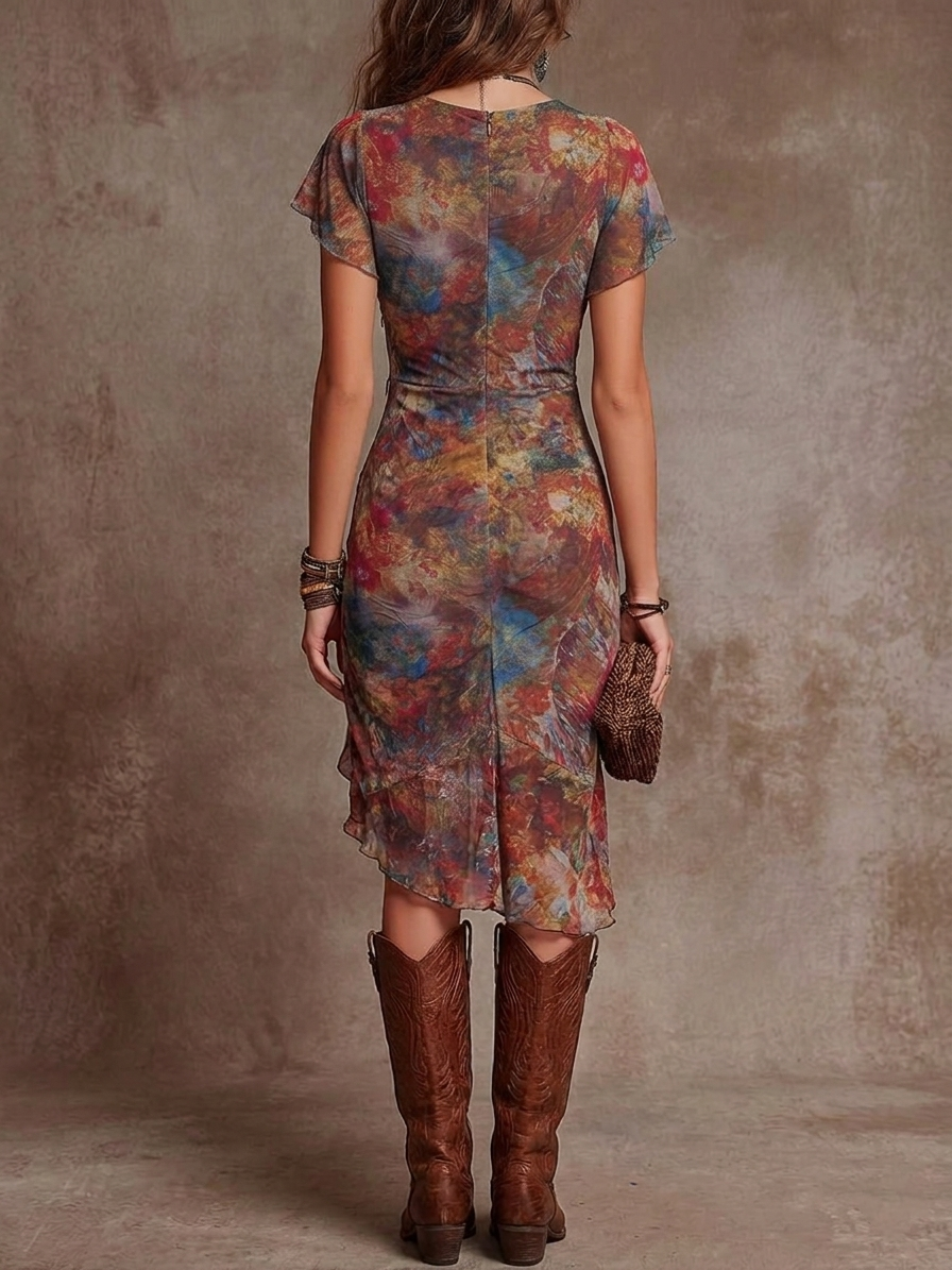 Martina - Robe midi plissée avec décolleté en V, impression d'art abstrait de style bohémien