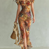 Viola - Robe longue en chiffon orange avec impression à l'huile de style bohémien