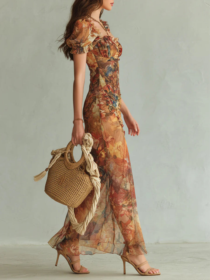 Viola - Robe longue en chiffon orange avec impression à l'huile de style bohémien