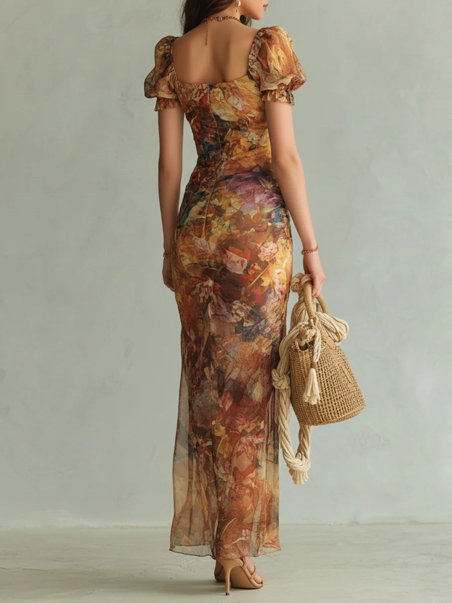 Viola - Robe longue en chiffon orange avec impression à l'huile de style bohémien