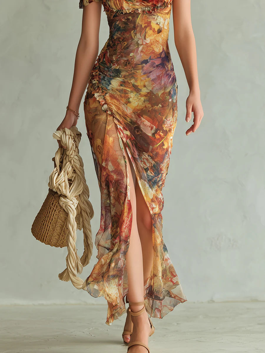 Viola - Robe longue en chiffon orange avec impression à l'huile de style bohémien