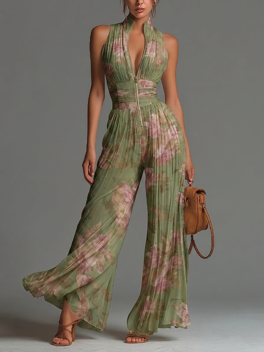 Salopette en Chiffon Vert Floral avec Décolleté en V, Sans Manches, avec Zip et Plis, à Jambes Larges