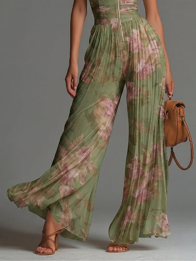 Salopette en Chiffon Vert Floral avec Décolleté en V, Sans Manches, avec Zip et Plis, à Jambes Larges