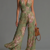 Salopette en Chiffon Vert Floral avec Décolleté en V, Sans Manches, avec Zip et Plis, à Jambes Larges