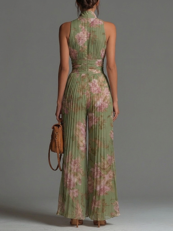 Salopette en Chiffon Vert Floral avec Décolleté en V, Sans Manches, avec Zip et Plis, à Jambes Larges
