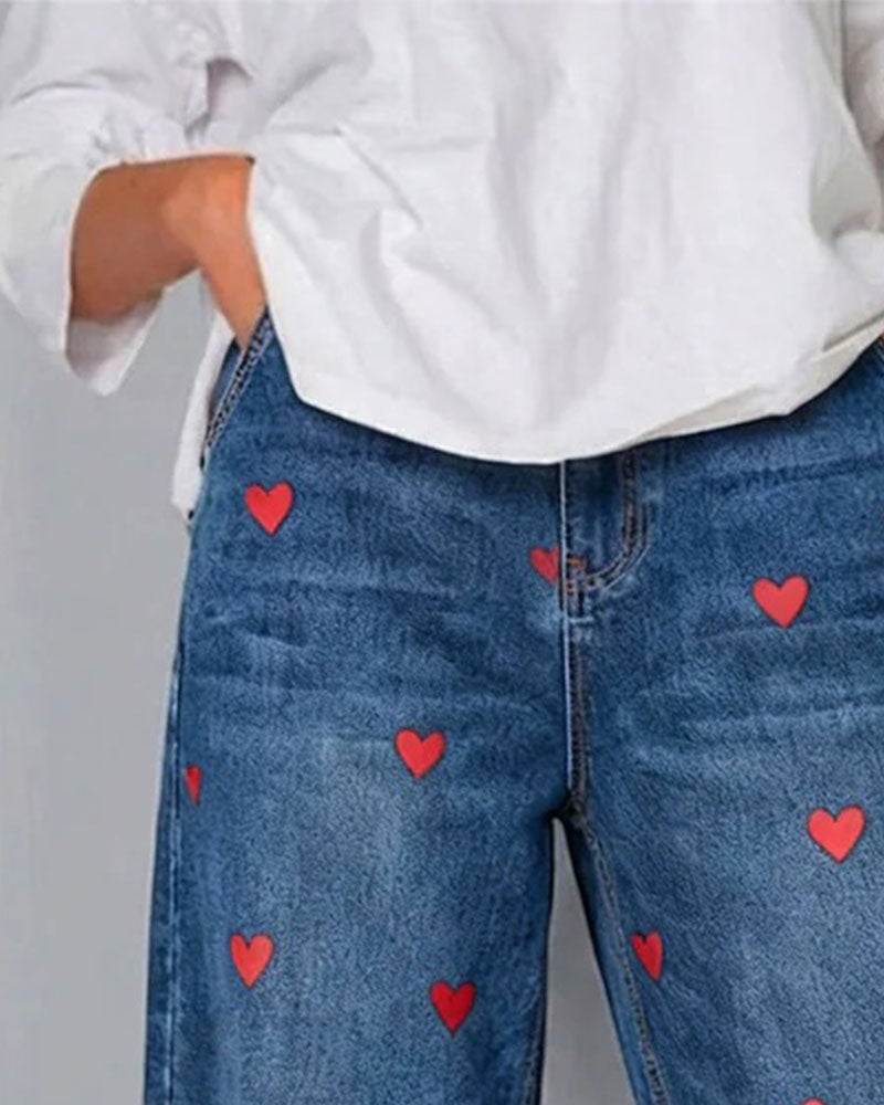 Serena | Pantalons en denim à imprimé cœur, à la cheville