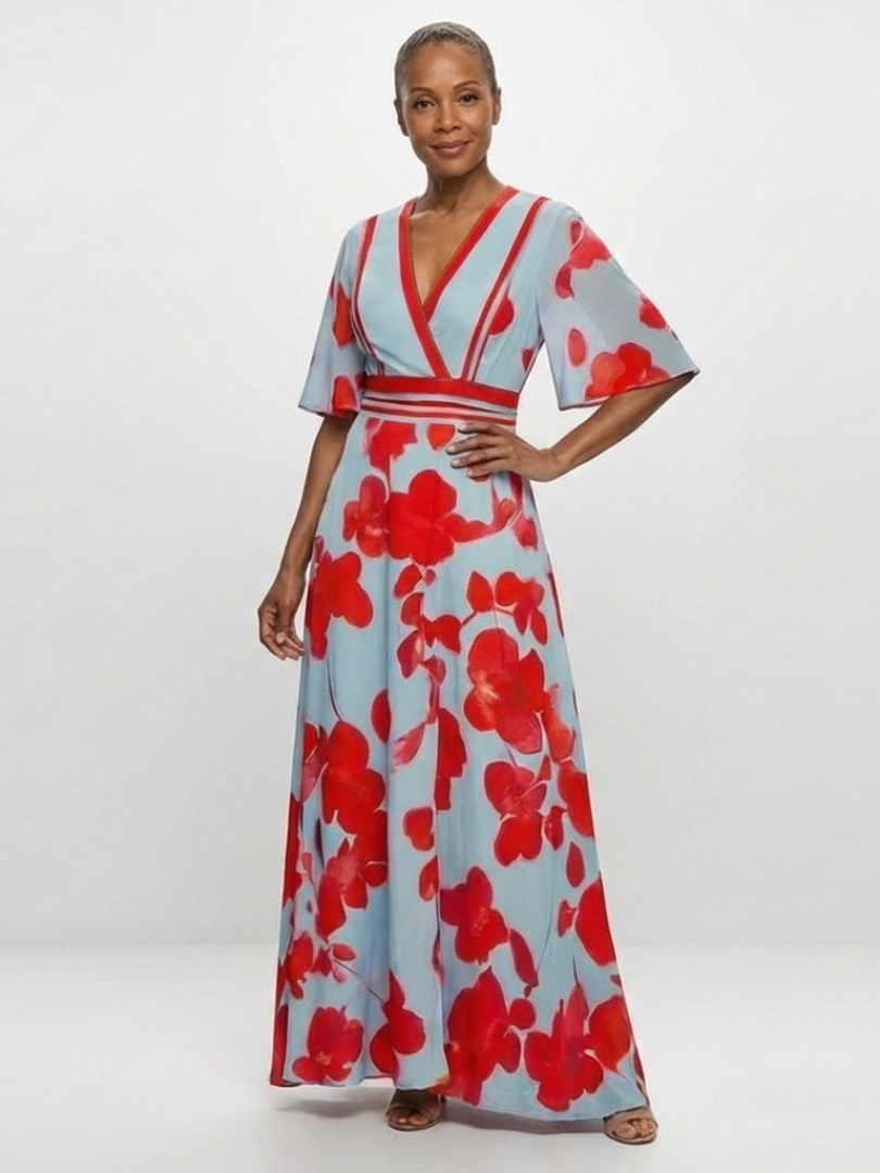 Corinne | Robe maxi florale à manches courtes en V