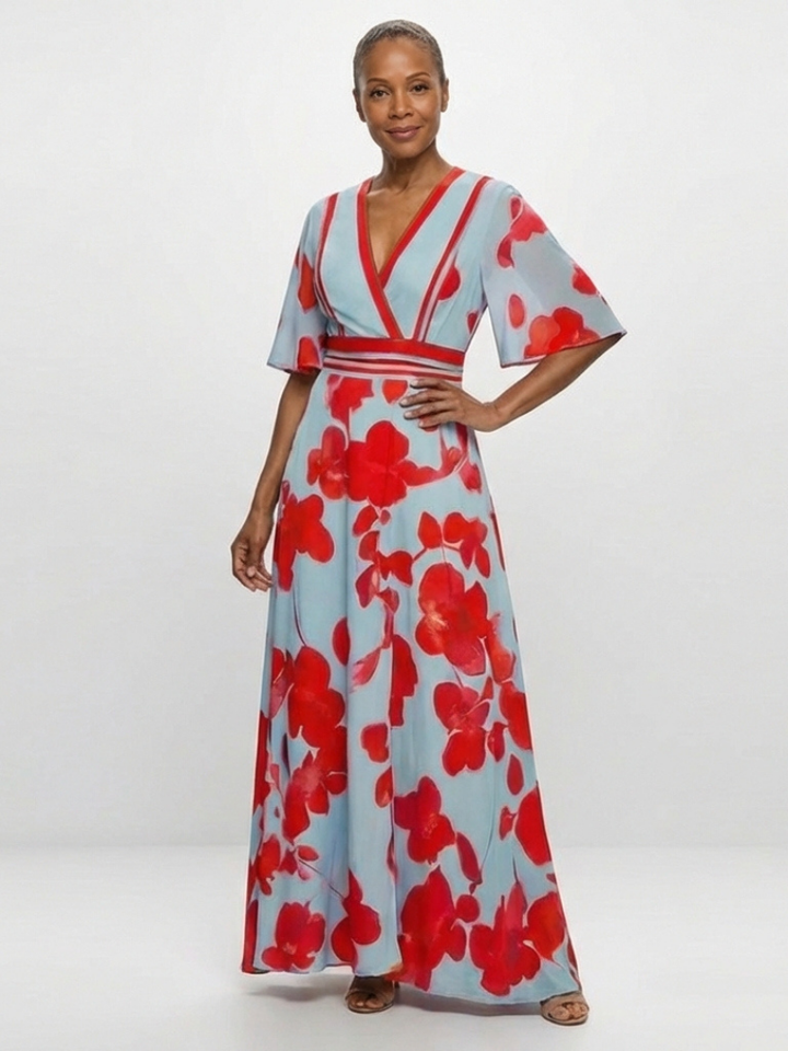 Corinne | Robe maxi florale à manches courtes en V
